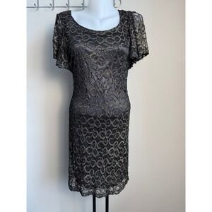 Blu Pepper Black Gold Metallic Lace Flutter Sleeve Sheath Dress Large Whimsigoth